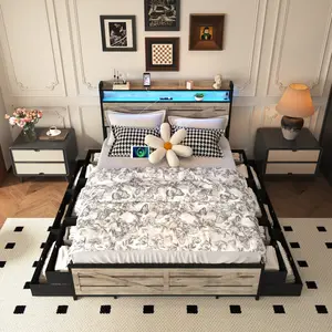 Full Size Bed Frame with Storage Headboard and 12 Drawers with LED lights, Heavy-Duty Metal Platform with anti-slip and noiseless mattress support, sturdy metal slat support, No Box Spring Needed
