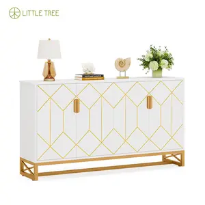 LITTLE TREE Sideboard Storage Cabinet 59 Inch White Gold Buffet Cabinet with Doors