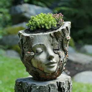 Tree Stump Girl Resin Craft Ornament, Garden Decor Small Figurine, Multifunctional Plant Pot for Gardens & Courtyards