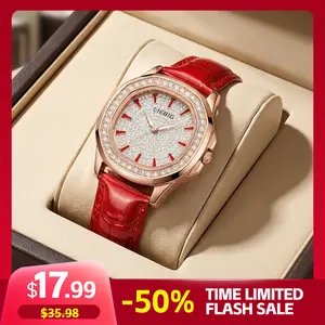 LIEBIG rose gold octagonal geometric dial women's quartz watch luminous lightweight luxury 3ATM waterproof red leather strap New Year's gift Modern Fashionable Wristwatch