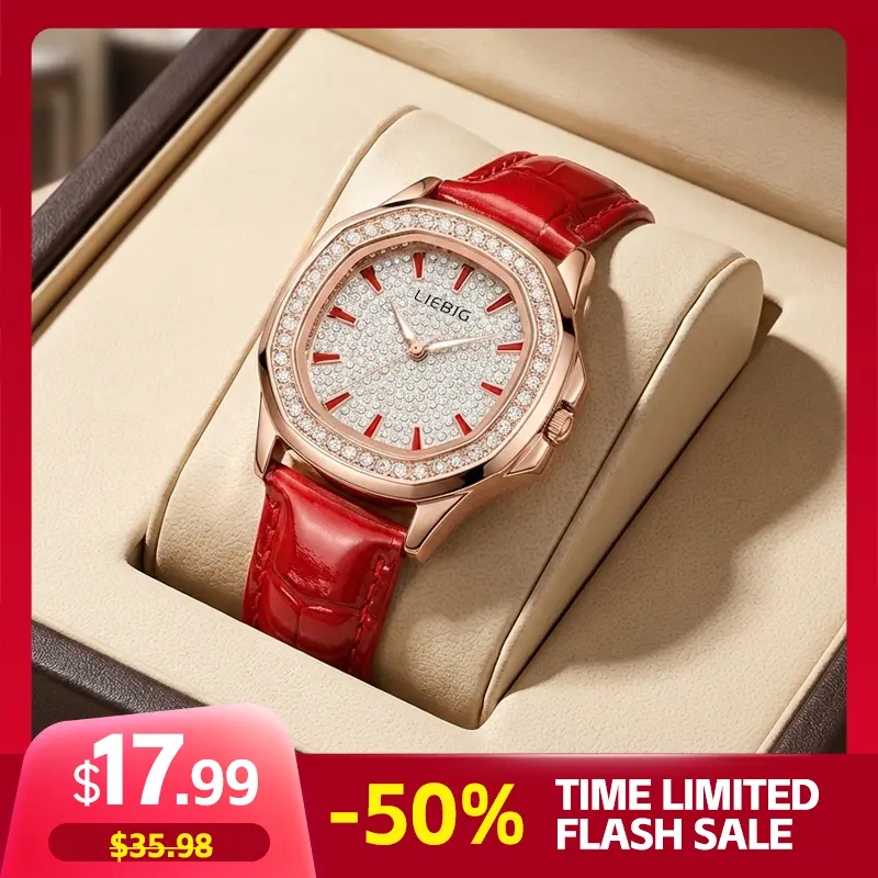 LIEBIG Women's Modern Fashionable Wristwatch - 33mm Rose Gold Octagonal Alloy Case, Red Leather Strap, Zirconia Dial, Luminous Analog Quartz, Hardlex Glass, Clasp Closure, 3ATM/30M Waterproof, Geometric Design, New Year's Gift, Stylish Watch