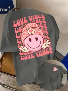 Men's Casual Love Vibes Smiley Print T-Shirt, Fashion Double-Sided Print, Lightweight Elastic, Regular Fit, Summer Streetwear