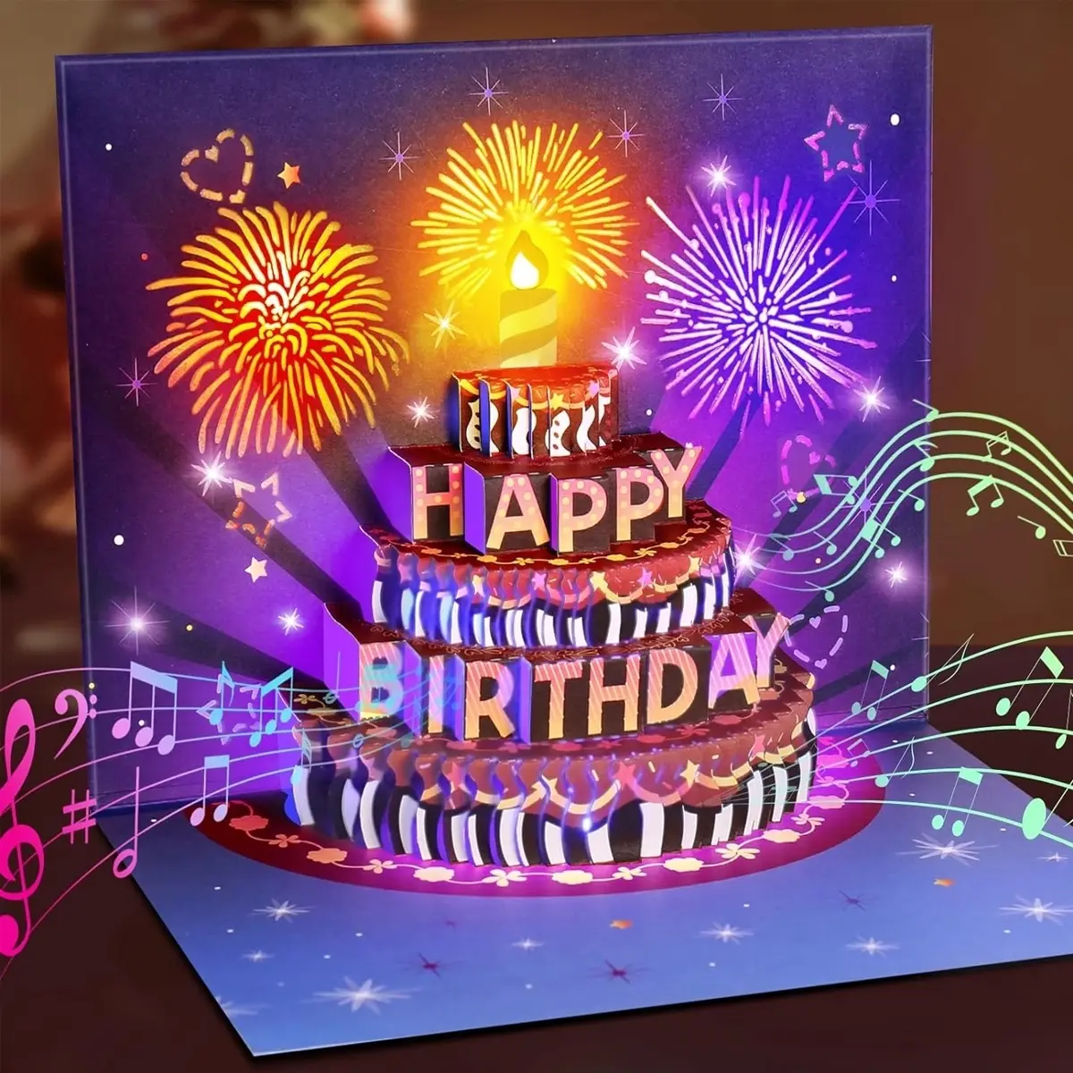 The Surprise Birthday Card, Happy Birthday Card, 3D Pop-Up Cake with Lights & Music, The Perfect Birthday Gift for Mom, Dad, Friends, A Keepsake for Any Birthday, A Pop-Up Firework Show with Music & LED Lights, Fun Party Cards