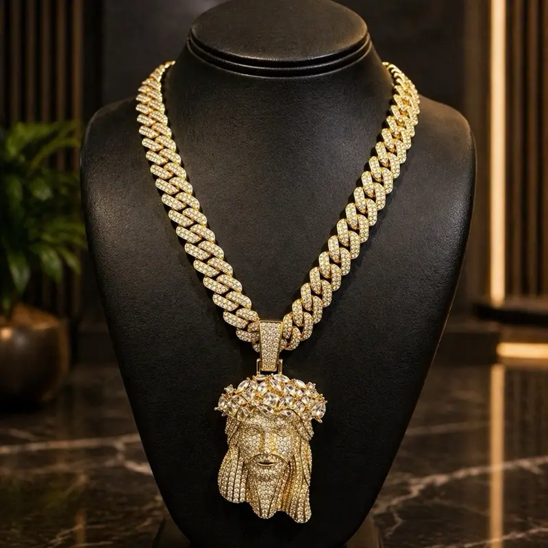 Jesus and Chain SET 14Kt gold Plated: 14mm Iced out Miami Cuban link with Iced out Jesus pendant