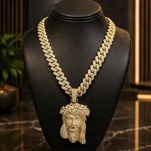 Jesus and Chain SET 14Kt gold Plated: 14mm Iced out Miami Cuban link with Iced out Jesus pendant