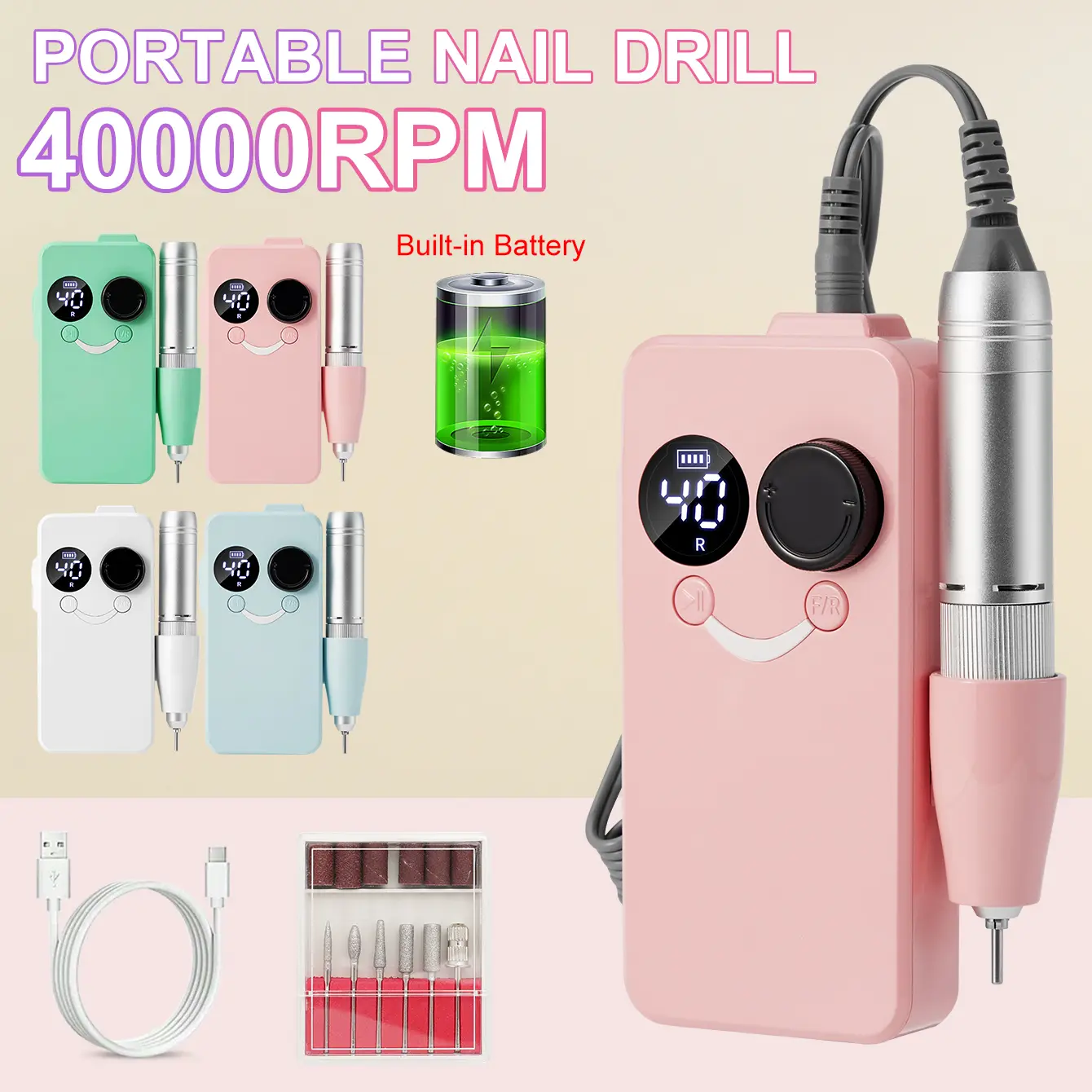 Professional Cordless Nail Drill Kit, 40000 RPM Rechargeable Manicure Machine, Low Noise & Portable Aluminium E-File for Nail Art, Polishing & Shaping, Home & Salon Use Gift, Batteries, Lightweight, Travel Size, Ergonomic Design, Multi-Function, Low Heat,