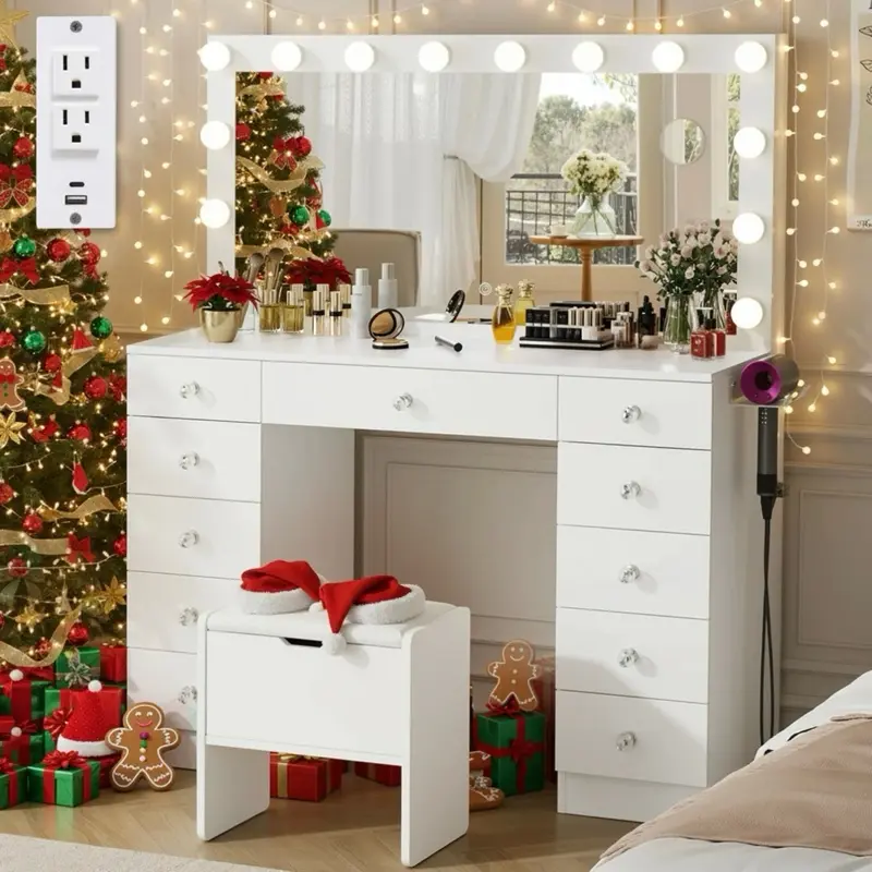 Greyden Makeup Vanity Set with 11 Drawers and Outlets, Dresser with 10X Magnifying Mirror for Bedroom