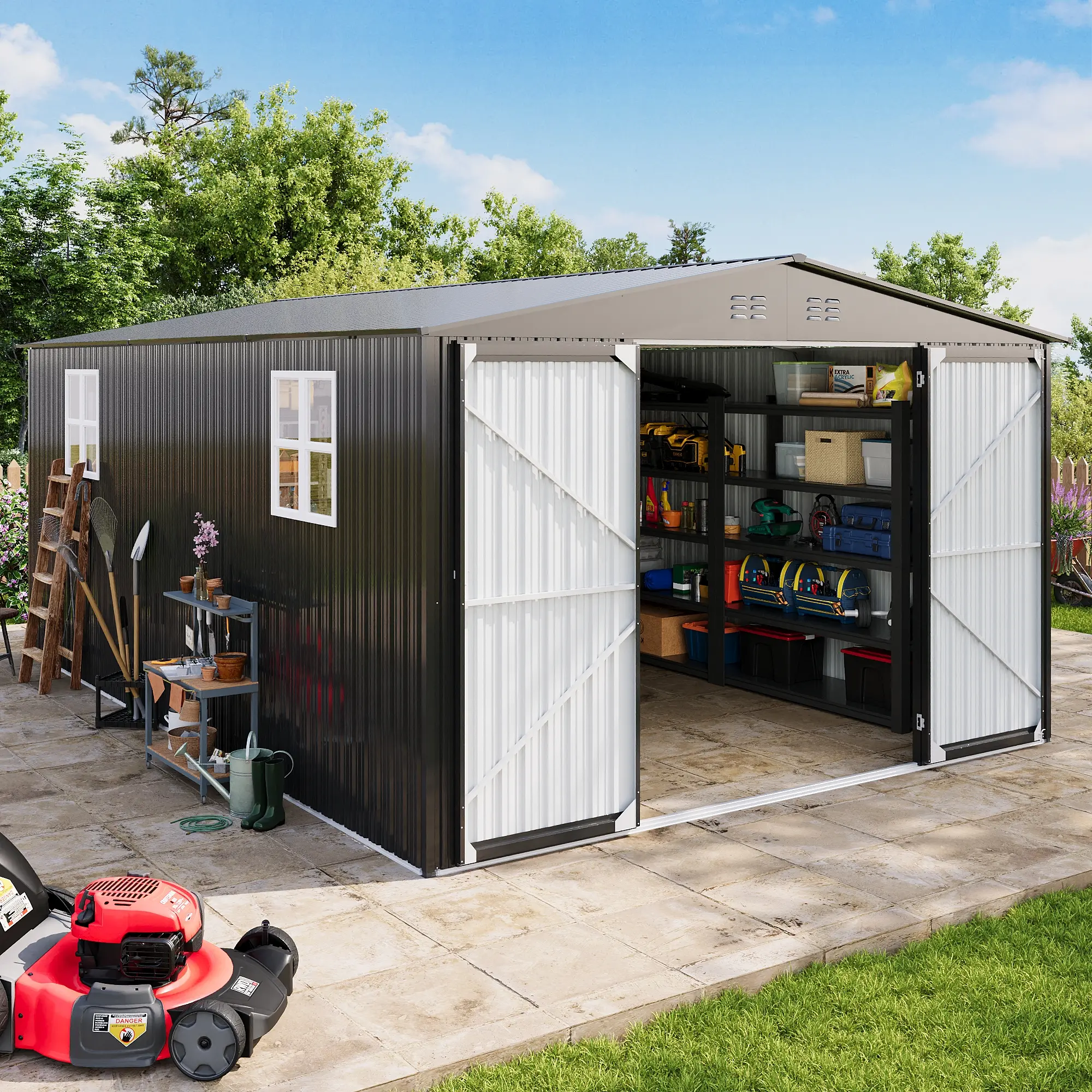 MNLR Metal Garden Shed - 12'x18'FT, 12'x20'FT Sizes, Sloped Roof, Lockable Double Doors - Steel Backyard Shed, Outdoor Storage Solutions for Home Improvement, Backyard Organization