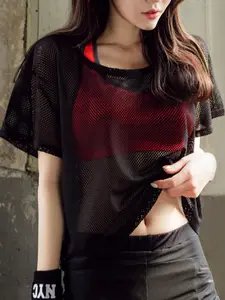 Women's Solid Color Mesh Sports Tee, Breathable Comfortable Sports T-shirt for Gym Workout Running, Ladies Sportswear for All Seasons, Breathable Sports Top