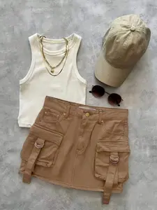 New Summer Workwear Short Skirt Set with Tank Top, Multi-Pocket Sweet Cool Style, Casual Women's Half-Length Skirt