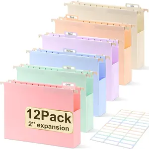 Extra-capacity plastic hanging file folders, letter size, 12-pack, 2-inch capacity with tabs, heavy-duty for filing cabinets, home and office files, pastel colors