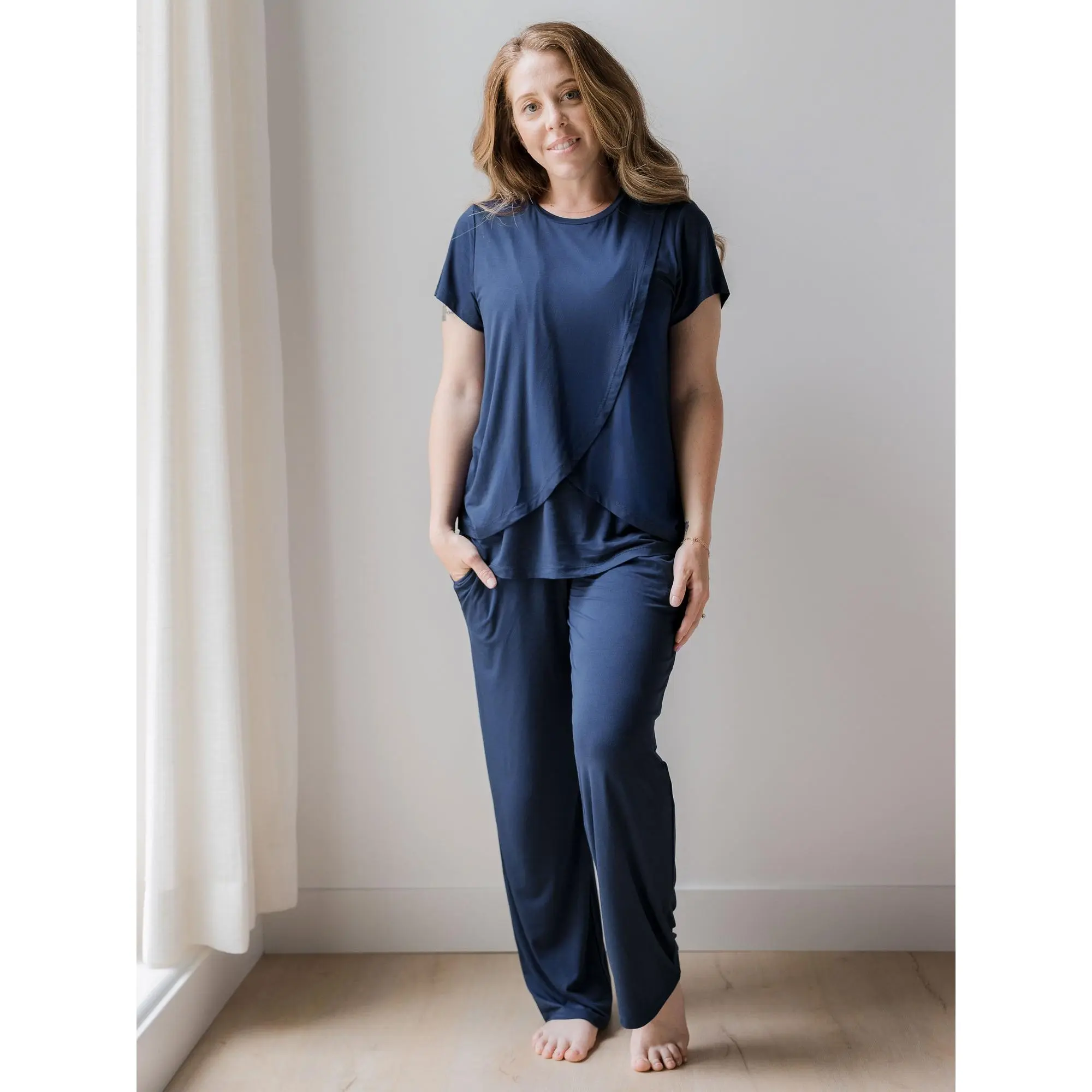 Tulip Hem Short Sleeve Maternity & Nursing Pajama Set | Navy