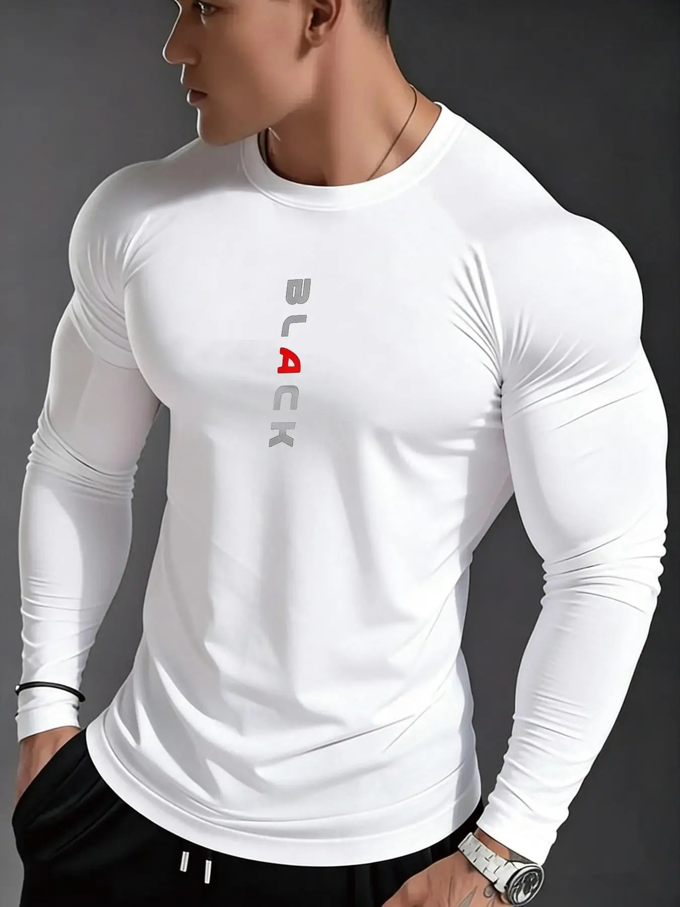 Men's Fitted Long Sleeve Tight Fit Shirt, Vertical Color Block Letter Print, Minimalist Sport Style, Athletic Workout Clothing, High Stretch Breathable Fabric