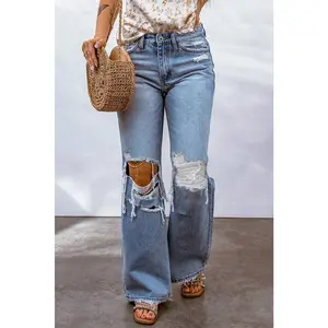 Sky Blue Destroyed Open Knee Wide Leg Jeans