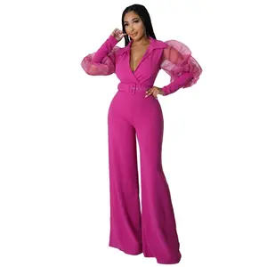 Elegant Jumpsuits for Women Wedding Guest Deep V Neck Mesh Puff Long Sleeve High Waisted Wide Leg Overall Outfits