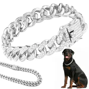 LPKEP (40cm,45cm,50cm )Silver Dog Chain Collar Diamond Cuban Link Dog Collar Wide Dog Necklace Metal Cat Chain Pet Crystal Collar Jewelry Accessories for Small Medium Large Dogs Cats
