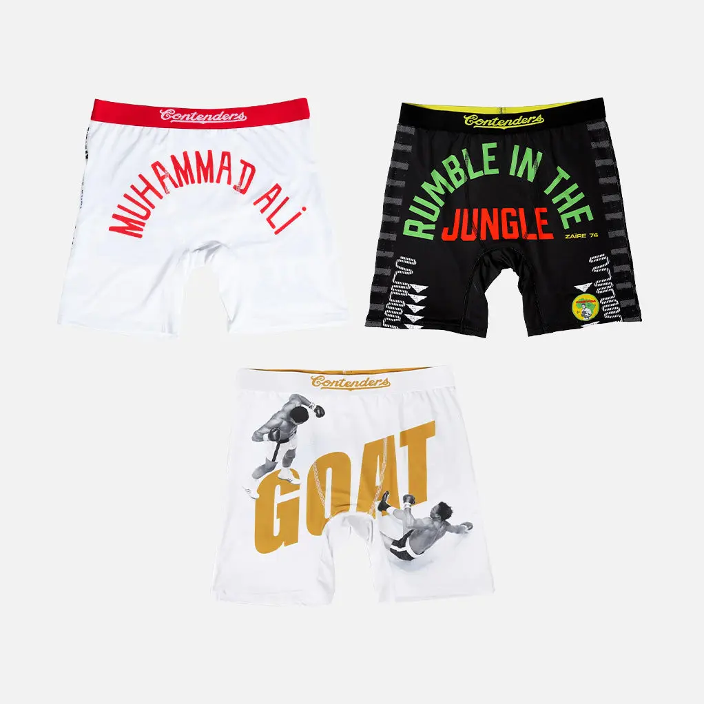 Contenders Official License Muhammad Ali Men's 3-Pack Mixed Prints Polyester-Spandex Boxer Briefs - Tag-Free, Ride Control™, Jacquard Band, Lightweight, Multi Sizes (Small, Large, XL), Day Activewear
