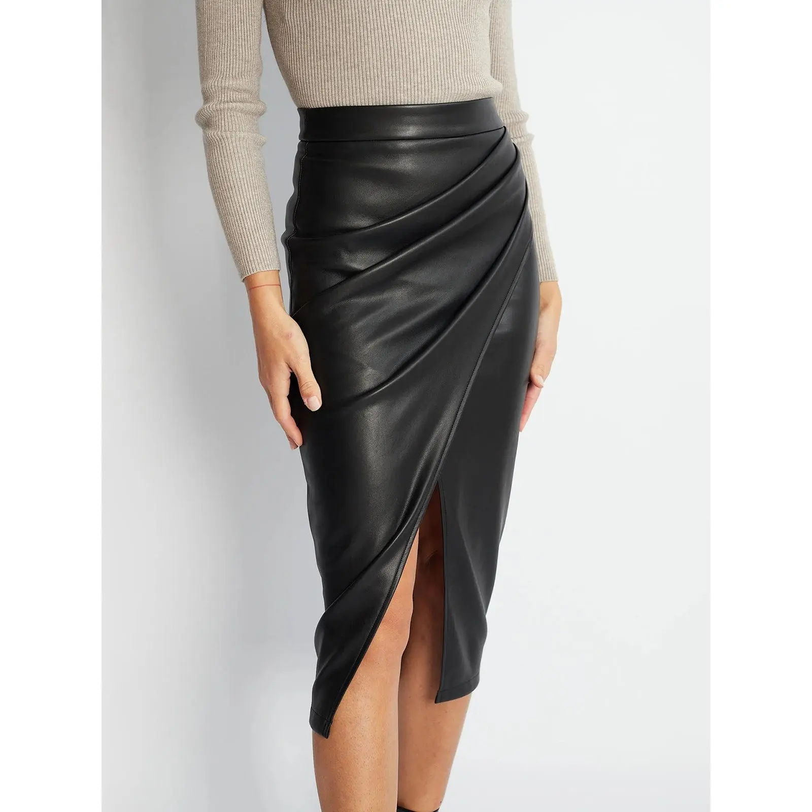 Pleated Split PU Leather Skirt