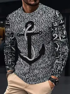 Men's Casual Fitted Long Sleeve T-Shirt with Anchor and Rope Design, Soft Comfortable Fabric for Spring & Fall, Trendy Streetwear Fashion, Menswear