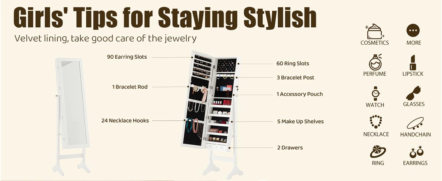 Freestanding Jewelry Armoire Cabinet, 47.3-Inch Full Length Jewelry Organizer Standing Mirror, Tall Lockable Large Capacity Makeup Organizer Storage, Velvet Lining, 3 Angles