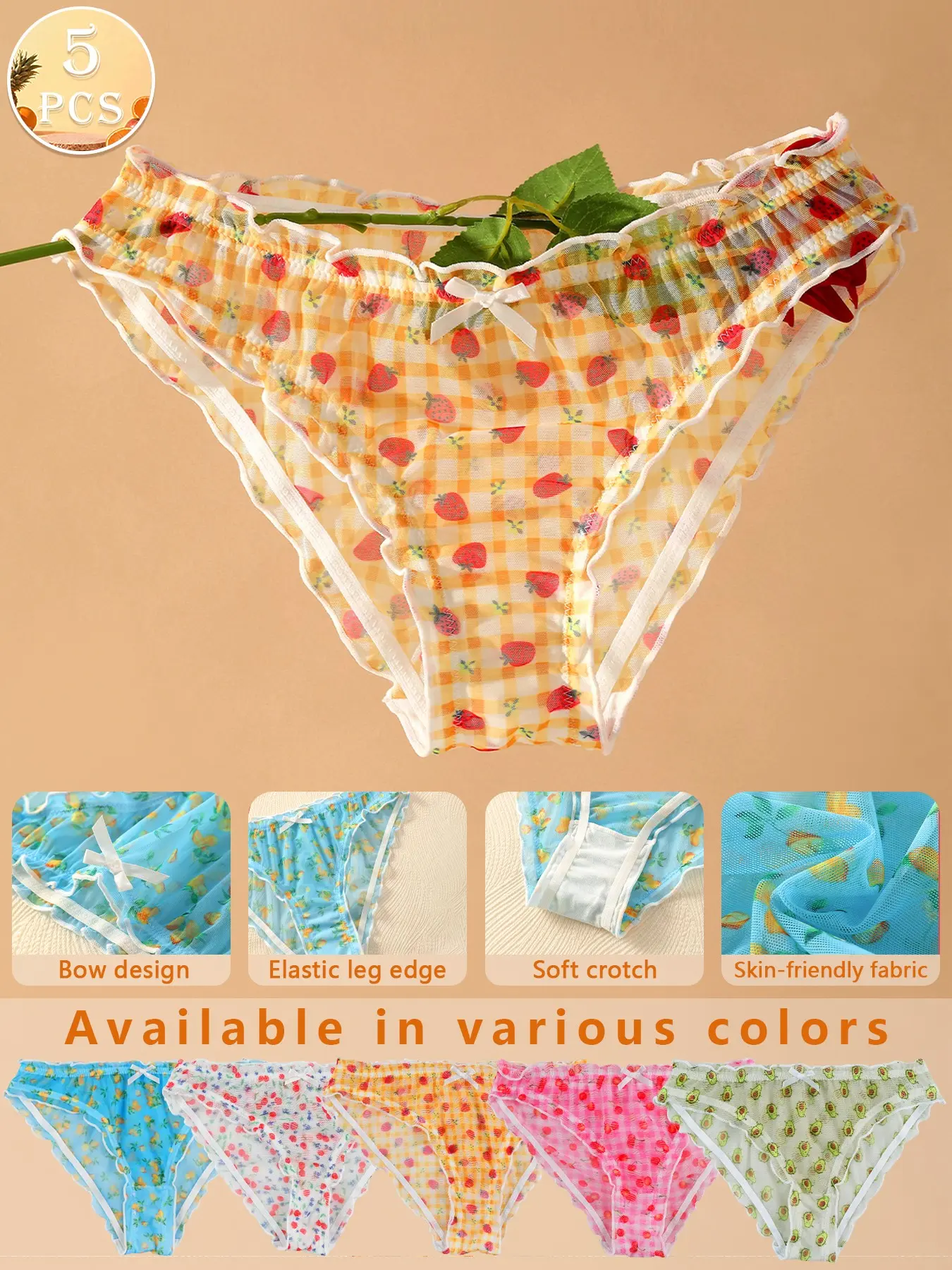 5-Pack Mesh Fruit Print Triangle Briefs, Women's Low-Waist Bow Design Breathable Everyday Underwear Ruffle Panties, Cute Slim-Fitting Pajama Bottoms, Printed Underwear