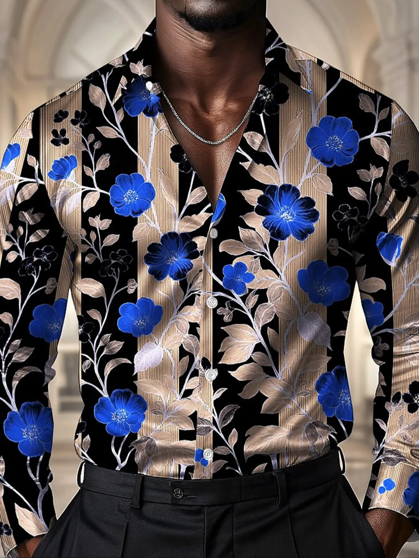 Men's Fashion Casual Menswear Printed Floral Striped Print Long Sleeve Shirt, Casual Fitted Top for All Seasons, Trendy Party Wear