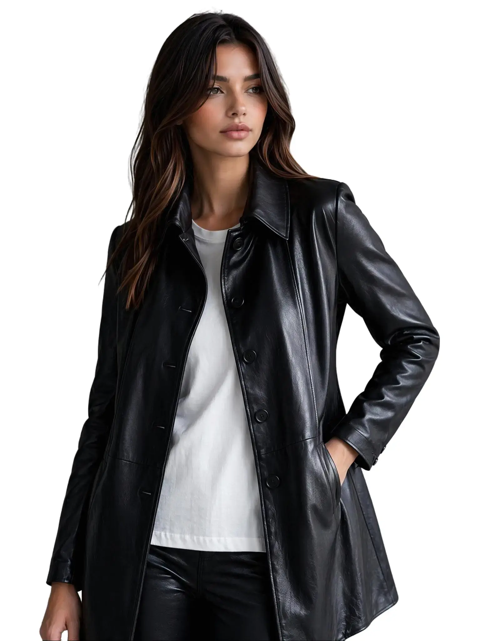 Women's Tailored Leather Look Long Coat, Single-Breasted Button-Front Style with Smooth Finish and Long Sleeves for Work & Evening, Skirts