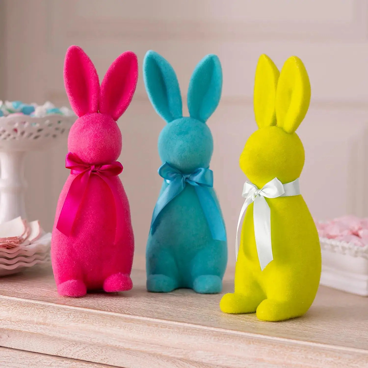 3-Pc Lightweight Multicolor Flocked Easter Rabbit Doll Figurines, 11.5 in Tabletop Ornaments - Spring Home Decor Ornaments Photo-Ready Set