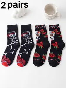 2 Pairs Gothic Style Ankle Socks, Skull Rose Design, Unisex Fashion for All Seasons, Perfect for Parties and Outdoor Events