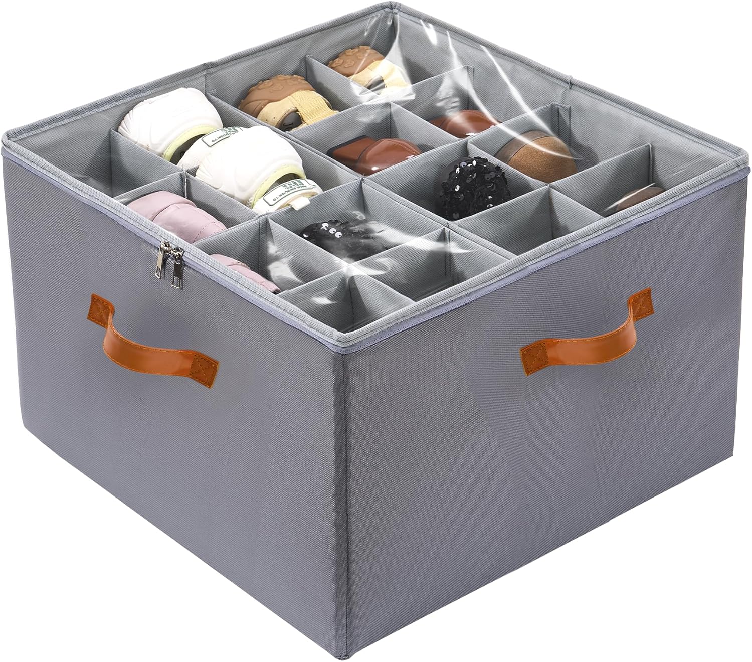 Shoe Organizer for Closet, Shoe Storage Bin, Fits 16 Pairs, Fabric Container with Handles and Clear Cover, Adjustable Dividers, Customizable, Dove Gray