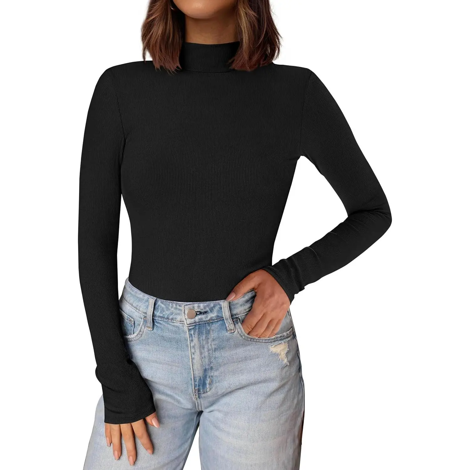 Women's Ribbed Slim Fitted Turtleneck Long Sleeve Thermal Layering Knit Top - 2025 Fall Casual Elegant Basic Tee with Soft Fabric, Versatile Cardigan-Compatible Layer, Comfy, Lightweight, High Neck, Stretchy