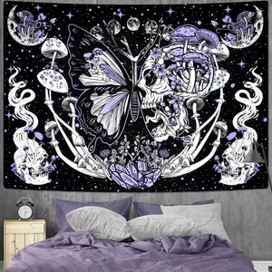 Skull Mushroom Wall Hanging-Aesthetic Moth Moon and Stars Snake Tapestry Purple Pink Artistic Design for Living Room Bedroom Decor Decorative tapestry