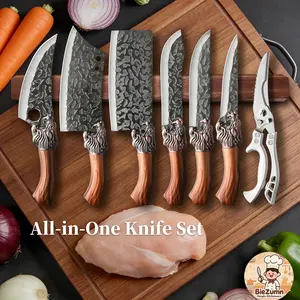 Professional Chef Knife Set - Handcrafted with Ergonomic Handle and Hammer-Finish Blade - Super Sharp Bone Cutting Knife, Butcher Knife, Fish Knife, Bread Knife, Hatchet, Kitchen Scissors - Perfect for Home Use, Mother's Gift Meat Dragon 7Pcs