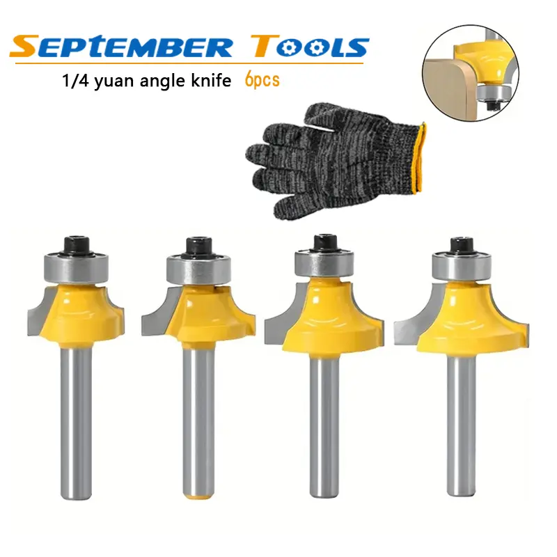 6pcs Tungsten Carbide Corner Rounding Over Router Bits Cutting Tool Sets, 6.35mm Shank with Bearing, Wood Milling Cutter Power Tool Accessory for Woodworking Projects