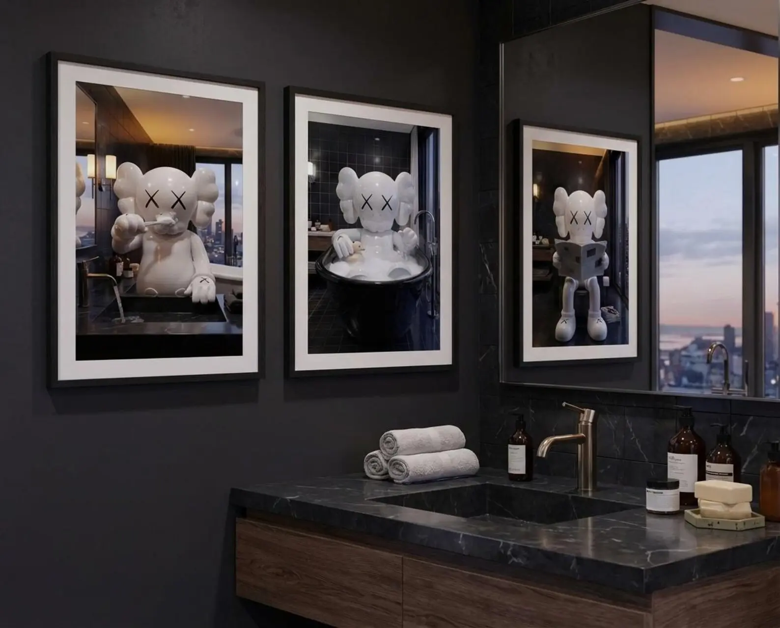 KAWS Bathroom Wall Art Set of 3,Black Shower Poster,Hypebeast Washroom Decor,Modern KAWS Prints,Luxury Bathroom Wall Decor