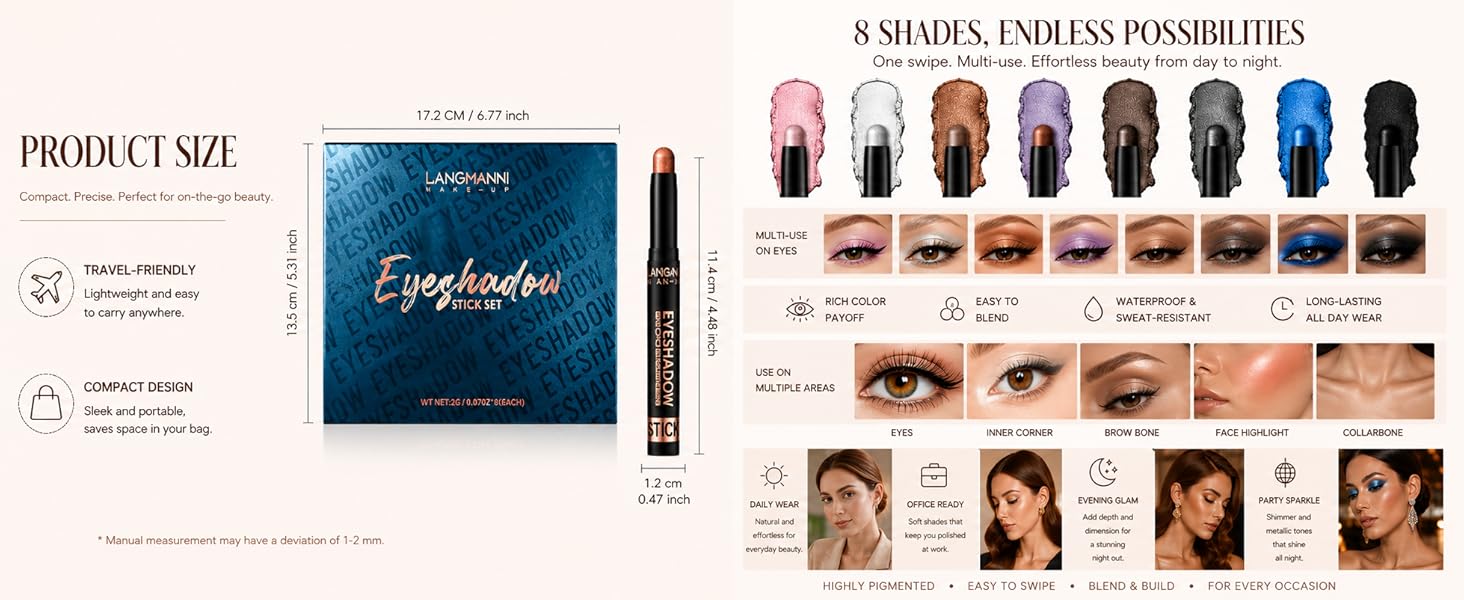 Shimmer Eyeshadow Stick Set, 8Pcs Cream Eye Shadow Brightener Stick Colorful Glitter Eyeshadow Pencil - Waterproof & Transfer-Proof Brown Bronze Nude Neutral Eyeliner Makeup for Girls Women