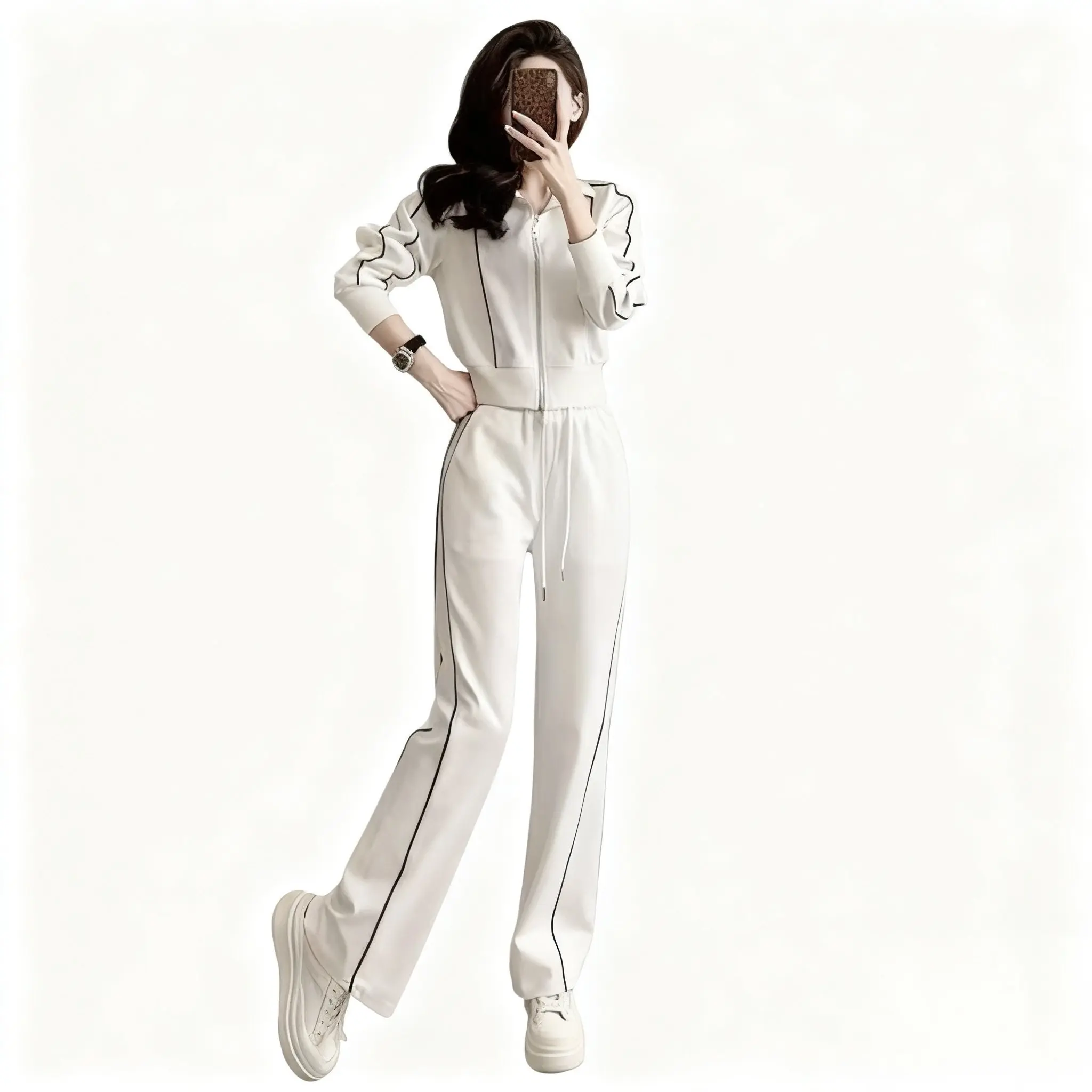 Women's 2-Piece Tracksuit Set – Zip-Up Jacket & Straight Leg Pants | Sporty Casual Outfit | White