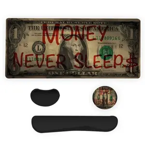 Money Never Sleeps Design Mouse Pad Set, Mouse Pad & Keyboard Wrist Rest & Cup-Coaster Set, Ergonomic Wrist Support, Suitable for Home Office Gaming
