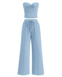 BTFBM Two-Piece Sets For Women Summer Ribbed Strapless Twist Knot Tube Top Pants Set Casual 2026 Beach Vacation Outfits