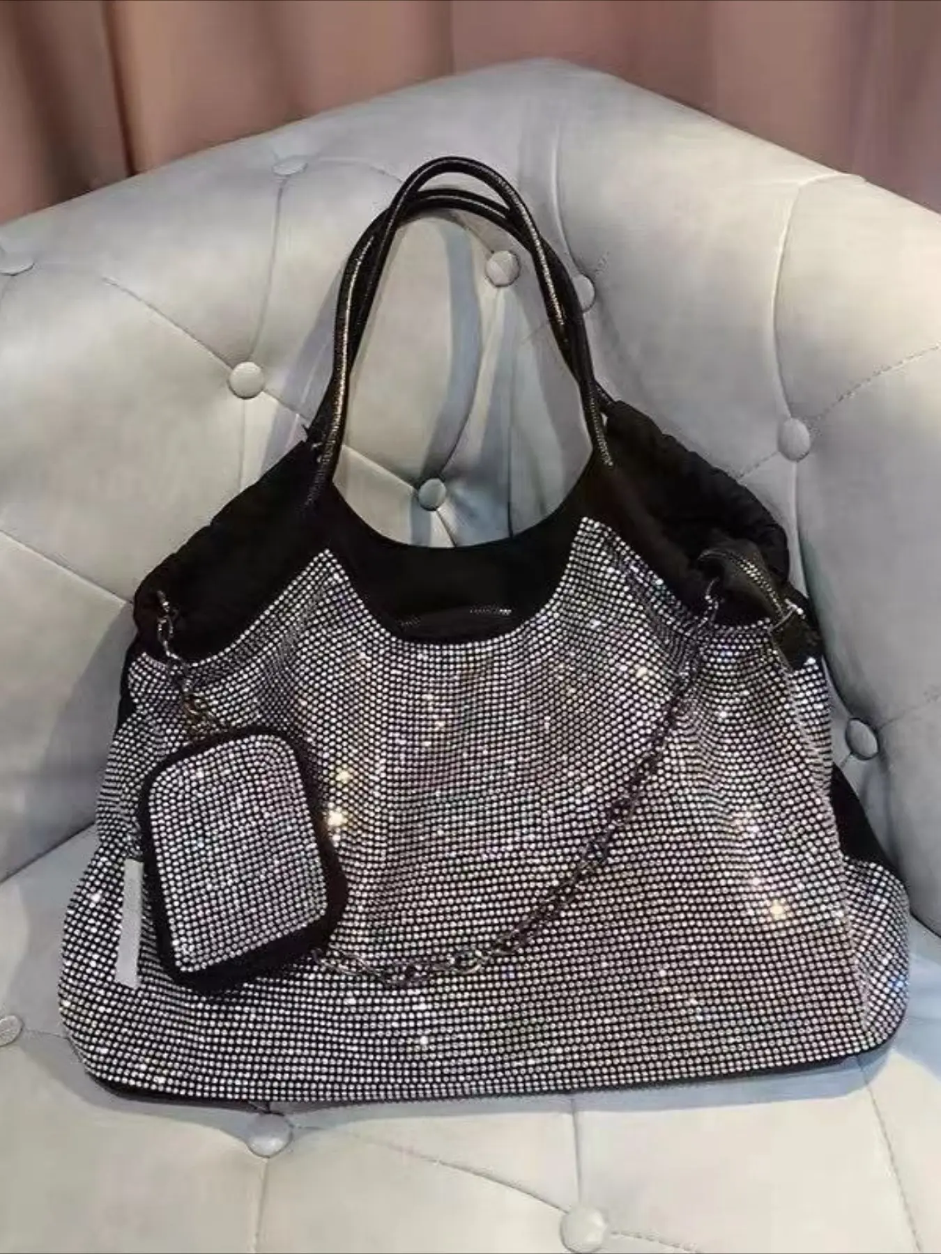 Ladies' rhinestone bag, fashionable Oxford cloth lightweight travel bag, large capacity shoulder bag, Embellished Shoulder Bag, Rhinestone Bling Bag, Crossbody Shoulder Bag