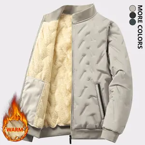 Men's Autumn And Winter Stand Collar Cotton Jacket, Fashionable Solid Color Embossed Design, Thickened Fleece Lined Outdoor Windproof Warm Casual Jacket