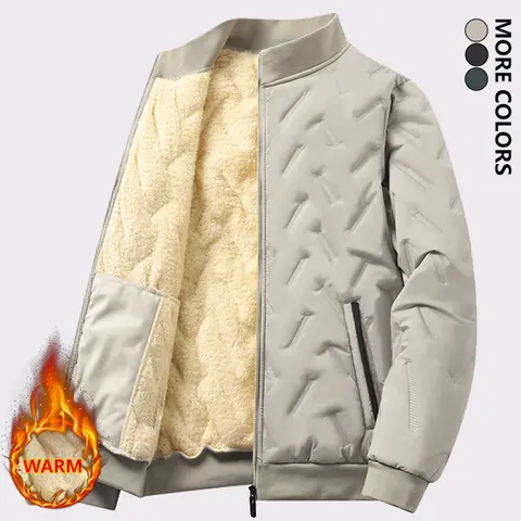 Men's Stand Collar Woven Windproof Jackets & Coats - Autumn-Winter Regular Fit, Thick Fleece Lining, Warm Casual Outerwear, Stylish Solid-Color Textured Top for New Year