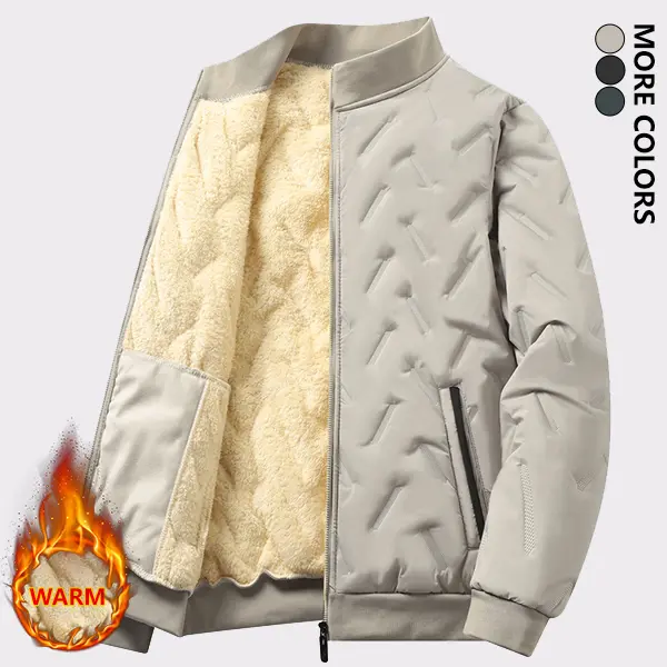 Men's Autumn And Winter Stand Collar Cotton Jacket, Fashionable Solid Color Embossed Design, Thickened Fleece Lined Outdoor Windproof Warm Casual Jacket
