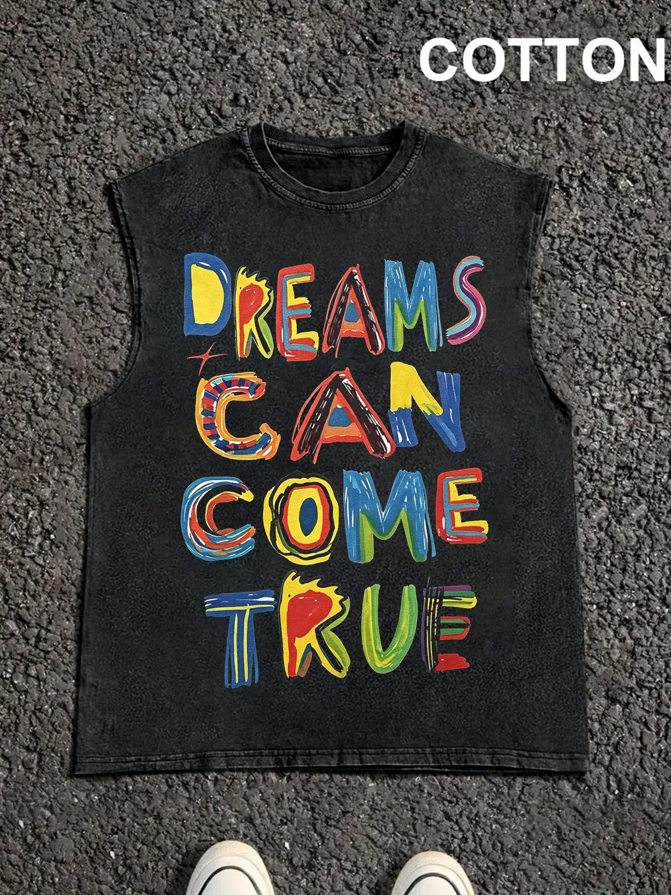 1 PCS Washed 100% Cotton Oversized Unisex Sleeveless Tank Top, Dreams Can Come True Colorful Graffiti Letter Graphic Cut Off Tee, Inspirational Retro Casual Streetwear Vest For Men Women