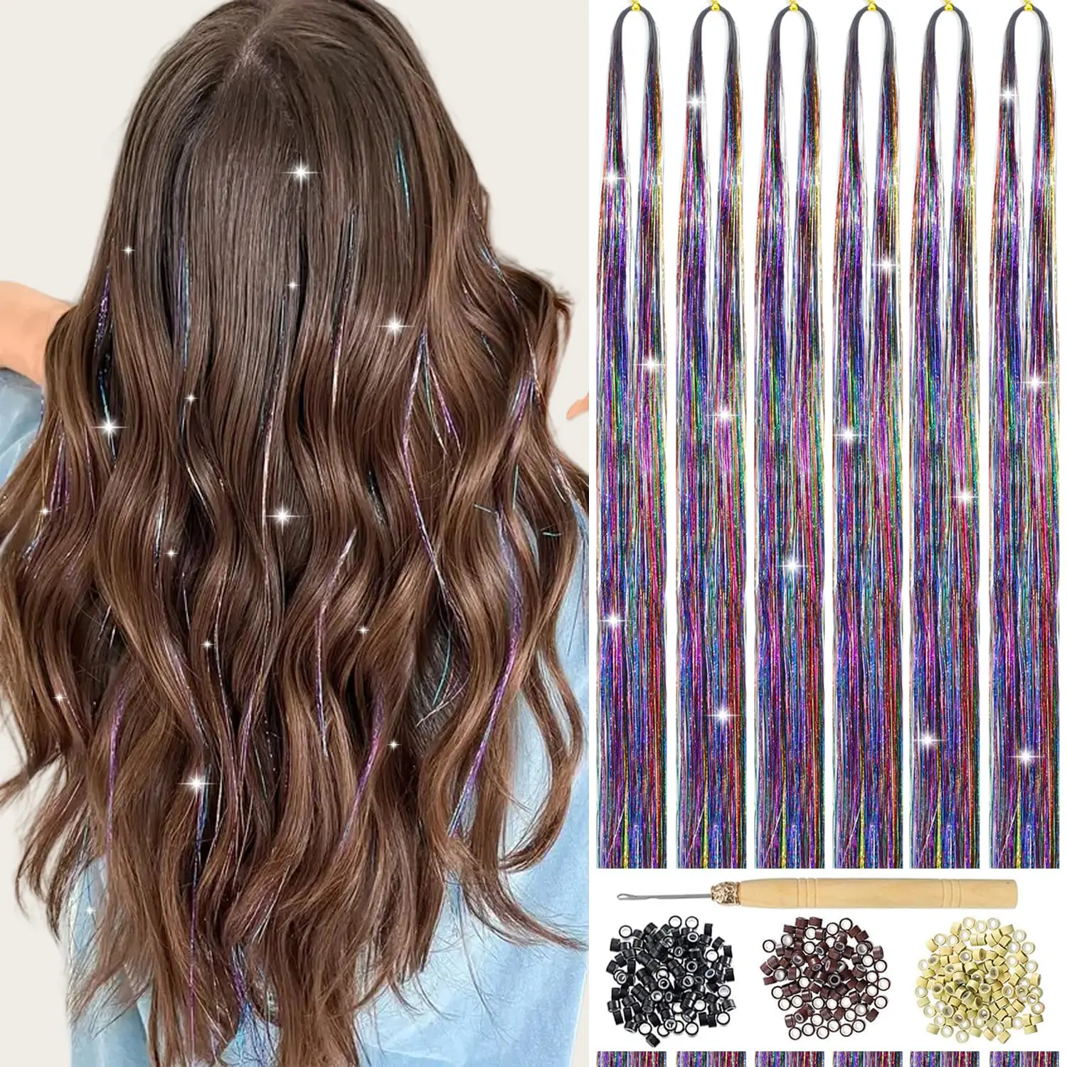 Hair Tinsle Kit with Tools 6 Count 1200 Strands Fairy Hair Tinsel Heat Resistant Glitter Hair Extension for Girls Women (Colorful)