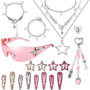 Y2k Accessories Set Included Star Y2k Silver Necklace Grunge Layered Necklace Y2K Sunglasses Star Hair Clip Y2k Silver Hair Clips Keychain Hip Hop Pants Chain Vintage Jewelry Set for Women