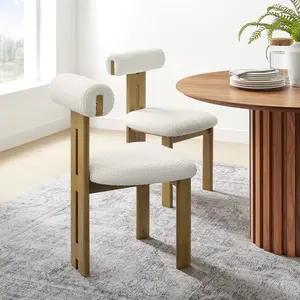 Torian Boucle Fabric Dining Chair Set of 2 in French Oak Ivory