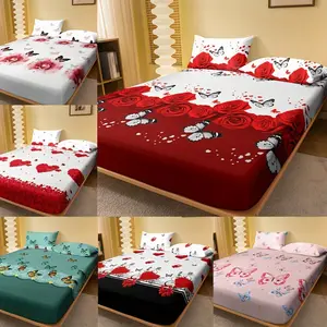 SoftHaven Home Made in USA Butterfly & Red Rose Print 3-Piece Bedding Set Soft Deep Pocket Fitted Sheet & Pillowcases Reusable Washable Polyester Mattress Protector for Bedroom & Guest Room Twin Size