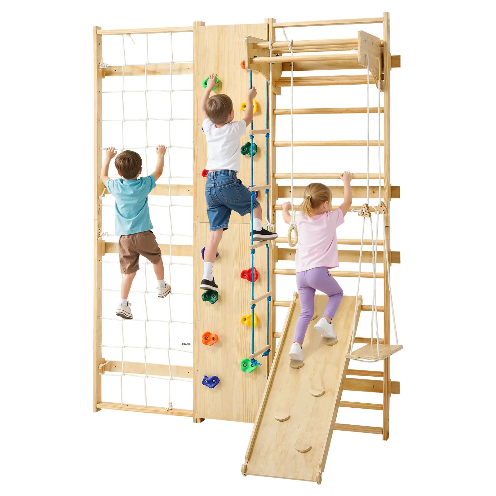 VEVOR Swedish Ladder Wall Gym,  9-in-1 12-Level Solid Wood Gymnastic Stall Bars for Kids Adults, 220LBS Indoor Jungle Gym with Rock Climbing Wall, Gym Rings, Pull-Up Bar, Climbing Board, Slide, Swing