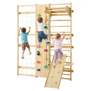 VEVOR Swedish Ladder Wall Gym,  9-in-1 12-Level Solid Wood Gymnastic Stall Bars for Kids Adults, 220LBS Indoor Jungle Gym with Rock Climbing Wall, Gym Rings, Pull-Up Bar, Climbing Board, Slide, Swing